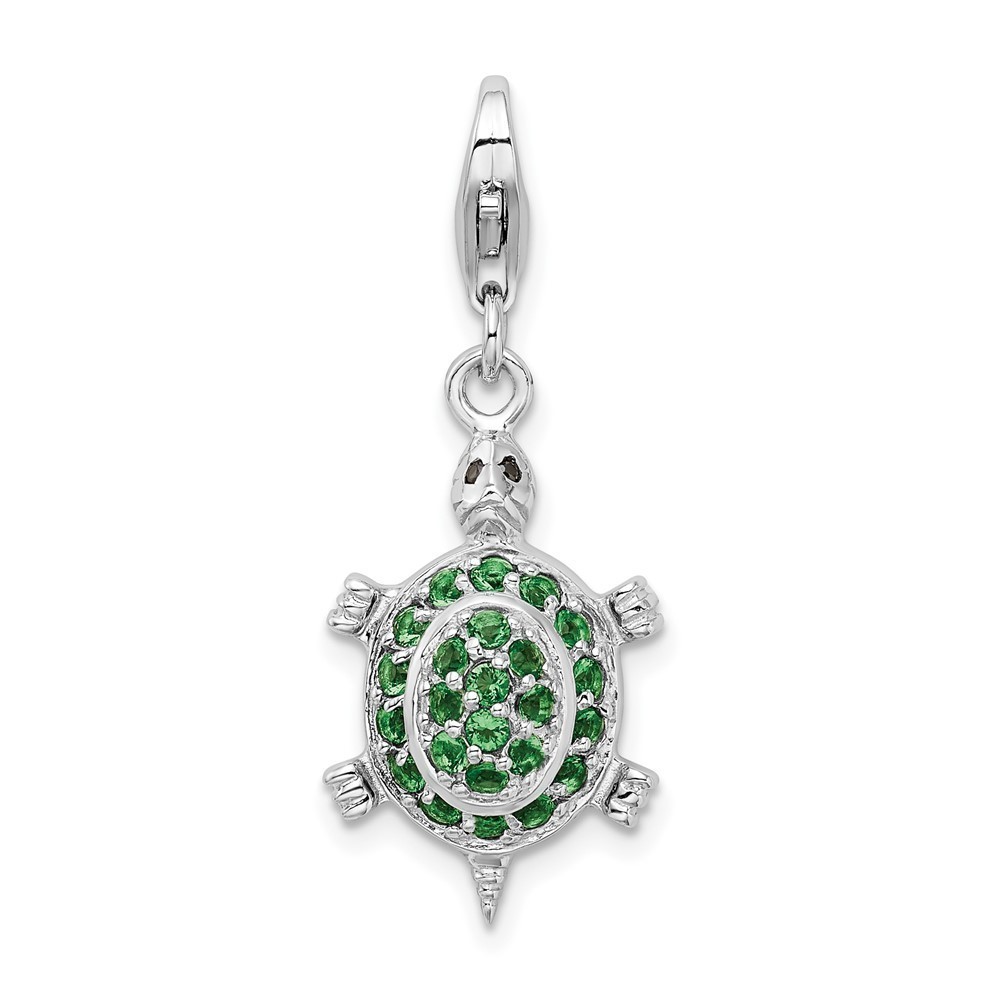 925 Sterling Silver 3-D CZ Green Turtle Bracelet Charm w Fancy Lobster Clasp